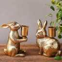 Sliner 2 Set Easter Bunny Candle Holders Rabbit Gold Taper Decorations, Vintage Rustic Candlesticks Pedestal, Centerpieces Decor for Candle Fireplace Mantle Dining Table Gifts Crafts
