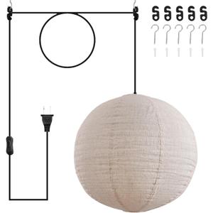Plug in Hanging Lamp Lantern Linen Pendant Light 20in Off-White | Large Japanese Japandi Wabi Sabi Lantern Hanging Lamp Chandelier for Living Dining Room Bedroom Rented Apartment 1 Pack