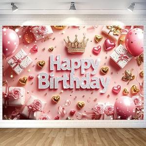 Pink Happy Birthday Backdrop Banner Pink Gold Photography Background for Girl Mom Lady Home Outdoor Birthday Party Decoration Supplies 70.8 x 47.2 Inch