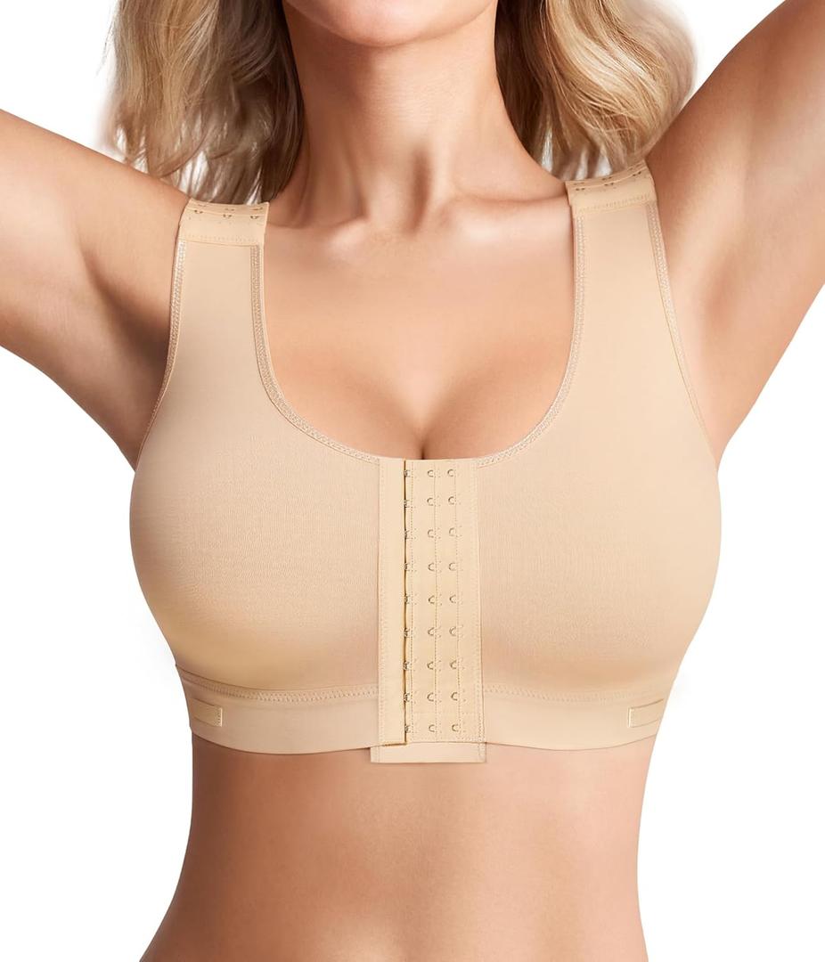 BRABIC Women Front Closure Post Surgery Compression Everyday Bras for Mastectomy Support with Adjustable Straps Wirefree (Small, Beige)