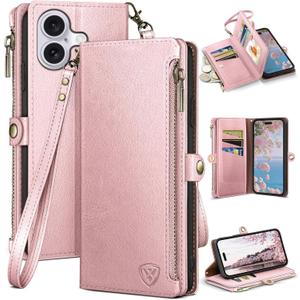 XcaseBar Compatible with iPhone 16 6.1" Wallet case with Zipper Credit Card HolderRFID Blocking,Flip Folio Book PU Leather Phone case Shockproof Cover Men Women for Apple 16 case Rose Gold