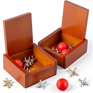 Hiboom 2 Pack Metal Jacks Game with Balls in Keepsake Wooden Box, Vintage Jacks Game for Kids and Adults Nostalgic Floor Games Retro Old School Board Games for Family Night, Birthday Party Favor