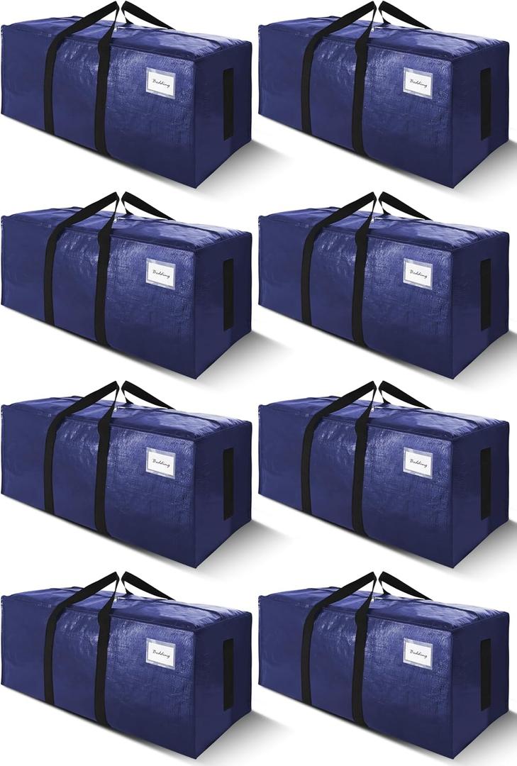 SWEET DOLPHIN 8 Pack 200LB Heavy-Duty Moving Bags with Wrap-Around Handles, Extra Large Storage Totes for Space Saving, Clothes Storage Bags, College Dorm Essentials, Blue, 24 Gal
