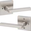 Kwikset Halifax Interior Privacy Door Handle with Lock, Door Lever For Bathroom and Bedroom, Satin Nickel Reversible Keyless Push Button Lock Door Lever, with Microban Protection (Square)