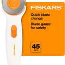 Fiskars 45mm Rotary Cutter for Fabric, Premium Steel Stick Fabric Cutter Cuts Through Multiple Layers, Right and Left Handed, Easy and Safe Blade Change, Arts and Crafts, Sewing and Quilting Tools