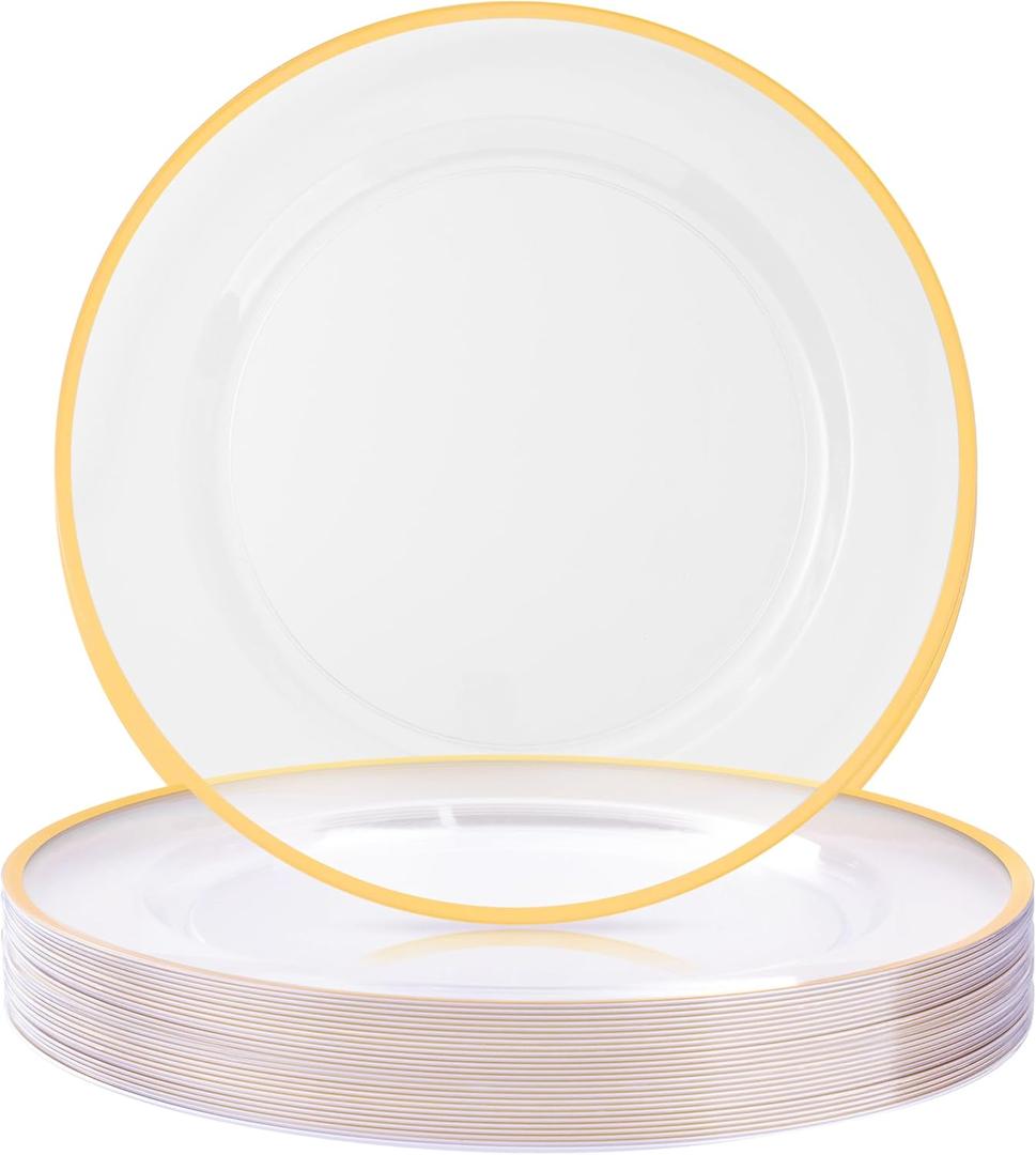 12 Inch Disposable Charger Plates, 25 Pack Plastic Clear Plates with Gold Rim, Perfect Table Decor for Party, Wedding, Dinner