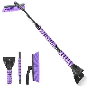 44" Ice Scraper and Snow Brush for Car Windshield with Extendable, 360 Pivoting, Soft Bristle Head, Foam Grip, for Car, Truck, SUV Window Tool (Purple)