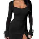 Kaximil Women's Sexy Bodycon Mesh Long Sleeve Square Neck Slit Party Short Mini Dress, Medium, Black