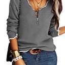 Hongqizo Women's V Neck Long Sleeve Sweater Half Zipper Knit Sweater Casual Cricket Stripe Jumper Pullover Knit Tops, Grey, L