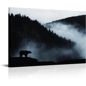 Canvbay Misty Mountain Forest Landscape Wall Art Decor Wilderness Animal Bear Canvas Prints Foggy Nature Scenery Pictures Paintings Framed for Living Room Bedroom Home Decoration 16x24inch