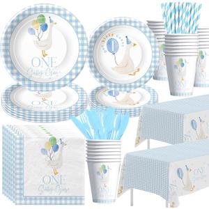 One Silly Goose First Birthday Decorations Tableware for Boys, Blue Goose 1st Birthday Party Supplies, Paper Plate, Cup, Napkin, Straws, Disposable Cutlery, Tablecloth, 24 Guests