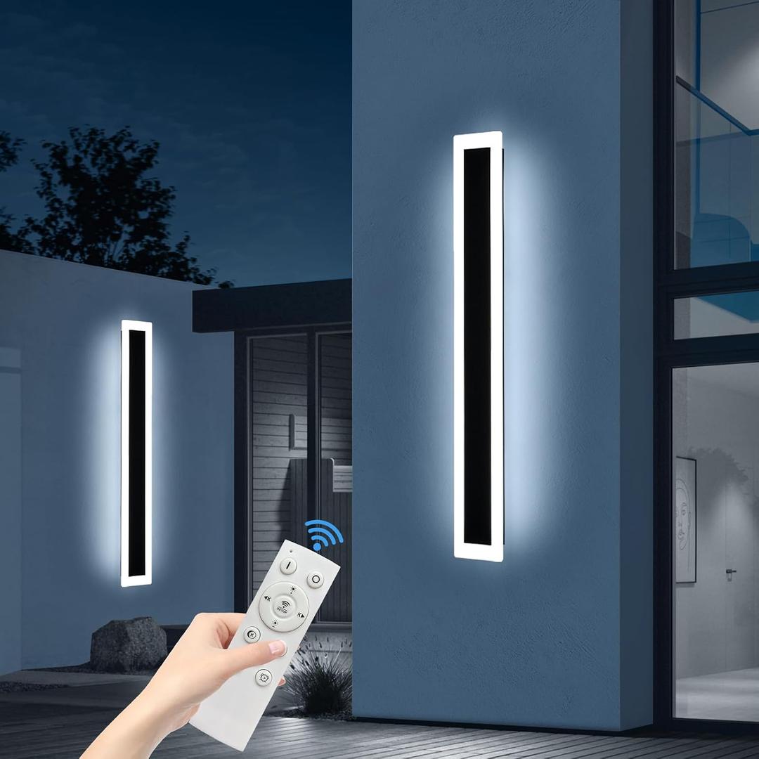 Upgrade Widened 2 Pack Modern Outdoor Wall Sconce, 47.2inch Dimmable Exterior LED Light Fixture 3000K-6000K, IP65 Waterproof, Black Wall Mounted Lamp for Balcony, Garden, Shop with Remote Control