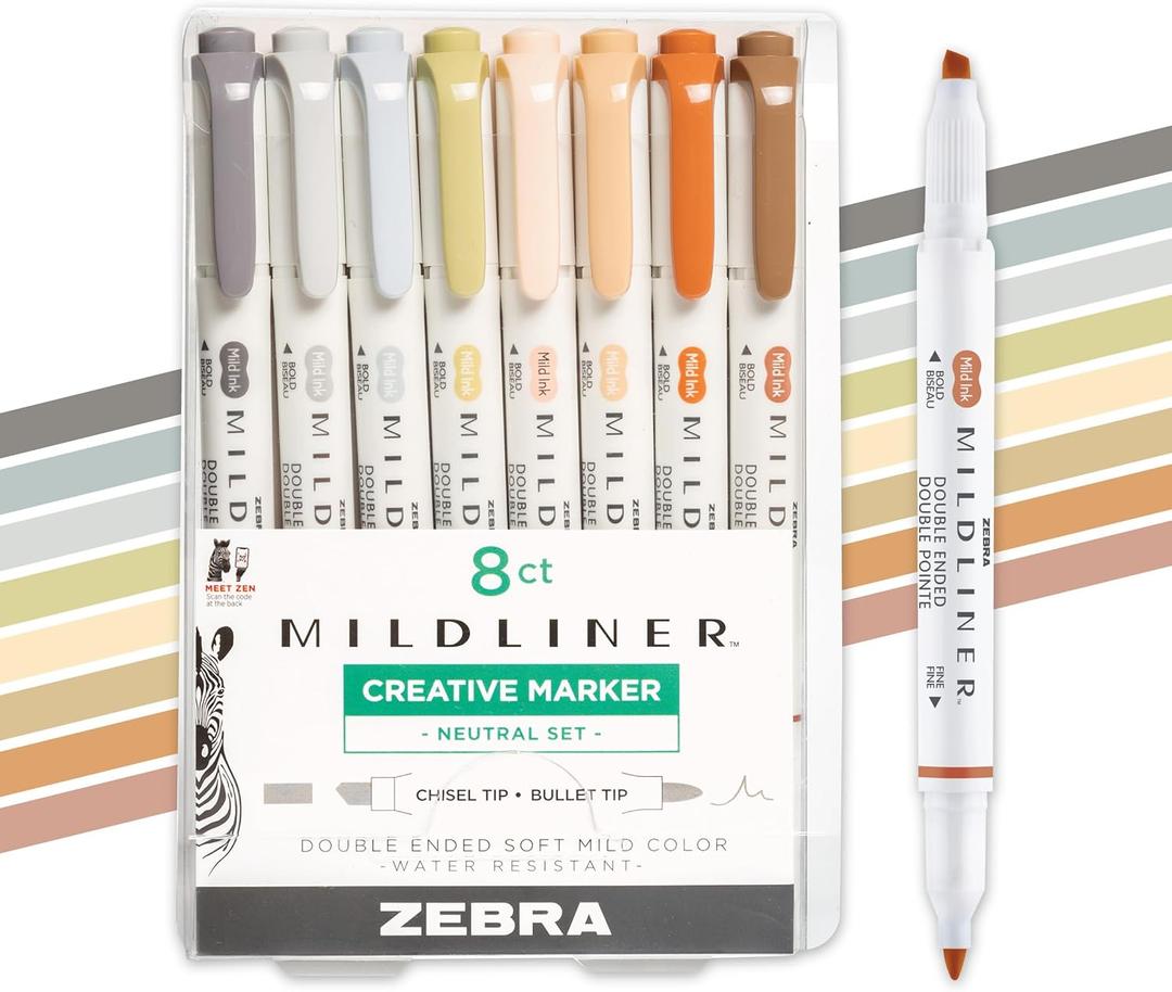 Zebra Pen Mildliner Dual-Tip Highlighters, Broad and Fine Tips, Ideal for Bible Highlighting, No Bleed, School Supplies and Teacher Supplies, Assorted Neutral Vintage Ink Colors, 8-Pack (78208)