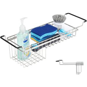Sink Caddy Sponge Holder Kitchen Sink Organizer Sponge Caddy Expandable 16.06" to 21.02" Farmhouse In-sink Accessories for Rag Detergent Brush Dish Washing Liquid Rack, Stainless Steel