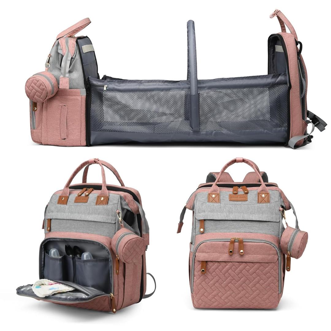 Jeryswet Baby Diaper Bags with Changing Station, Waterproof Large Capacity Diaper Bag Backpack for Moms, Dads with USB Charging Port and Stroller Straps, Baby Shower Gifts, Pink-Grey