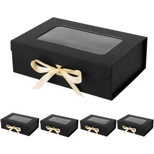 5 Pcs Black Gift Box for Presents with Ribbon 10.8x7.5x3.5 Inches Clear Gift Box with Window Magnetic Closure Gift Boxes with Lids
