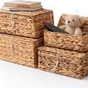 BreezeHug Set of 4 Wicker Storage Baskets with Lid Large Water Hyacinth Rectangular Rattan Basket Decorative Boxes for Shelf Home Organization