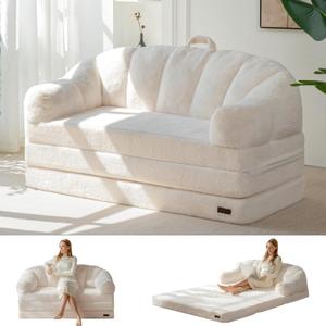 MAXYOYO Folding Sofa Bed, 2 in 1 Convertible Sofa to Lounger Comfy Loveseat Bean Bag Chair for Adults, Floor Sleeper Couch with Handle, Faux Fur Couch Bed for Living Room Bedroom, Beige, Loveseat