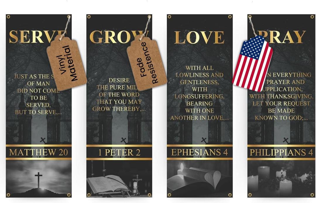 Church Banners for Sanctuary Wall with Bible Scripture Verses Set of 4 2x5ft Fade Resistant Vinyl Christian Worship, Praise, Welcome Religious Decoration Flags for Church Anniversary & Christmas Event (Design 3)