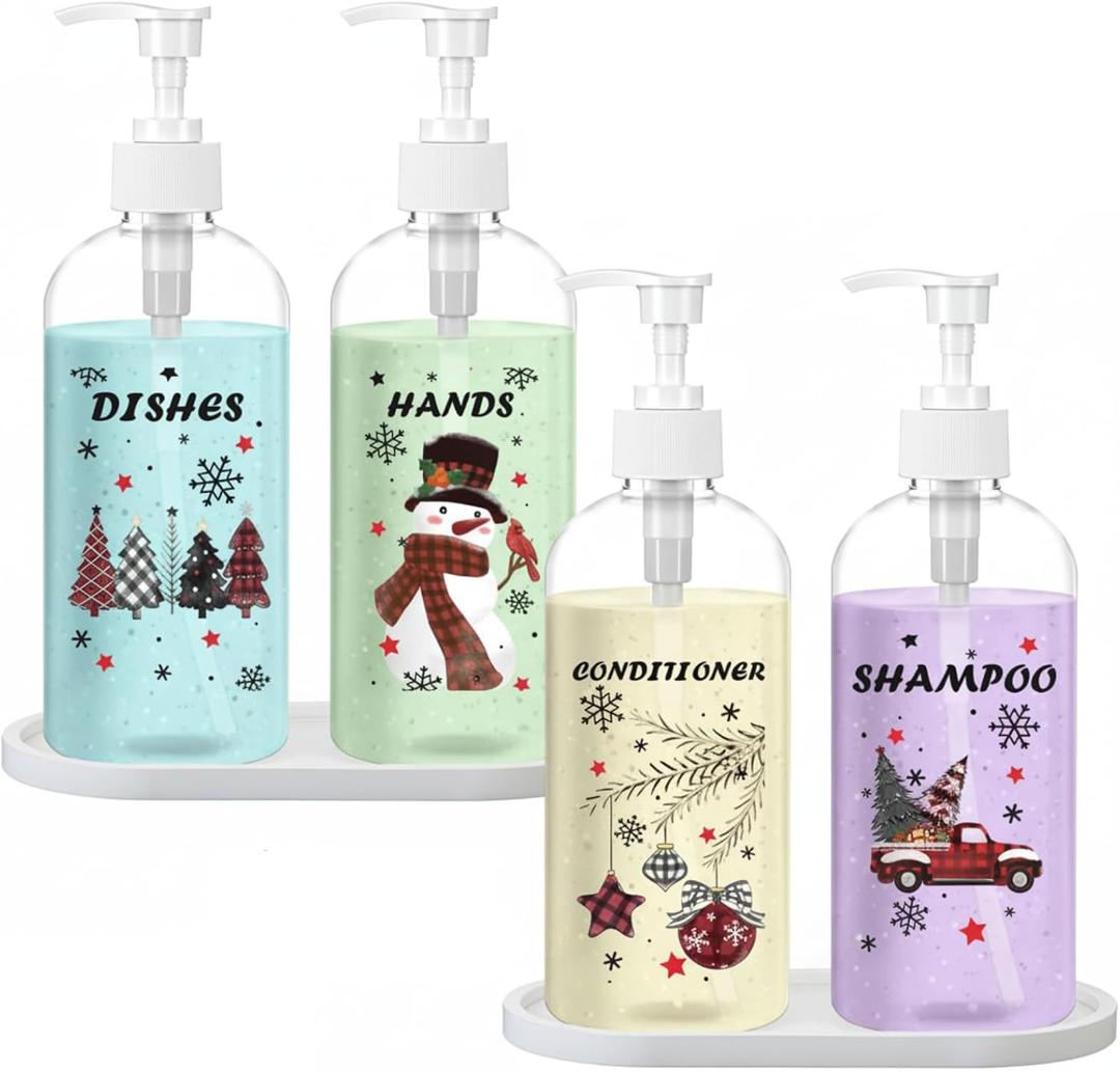 Roowest 4 Pcs Christmas Soap Dispenser 16.9 oz Christmas Kitchen Bathroom Decoration Clear Xmas Tree Snowman Snowflake Buffalo Plaid Shampoo Container Bottles with Pump and White Tray for Winter Gift