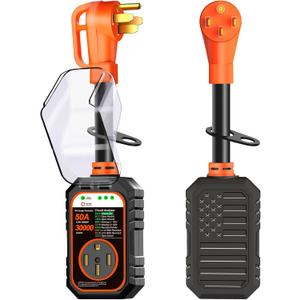 30000J 50Amp RV Surge Protector 50 Amp Flag Design - Upgraded Power Surges Voltage Protection Circuit Analyzer IP68 Waterproof Cover for 50A RVS Camper Trailer Must Haves (50Amp, Orange)