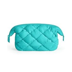 BAGSMART Quilted Travel Makeup Bag, Puffy Toiletry Organizer with Wide Opening, Cosmetic Storage for Women's Accessories, Lake Blue