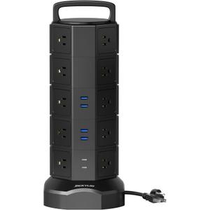 Power Strip Tower, 20 AC Outlets 6 USB Ports(2 USB C), 1050J Surge Protector, 13A Desktop Charging Station, 6.5ft Heavy Duty Extension Cord with Multiple Outlets for Home Office Garage, Black