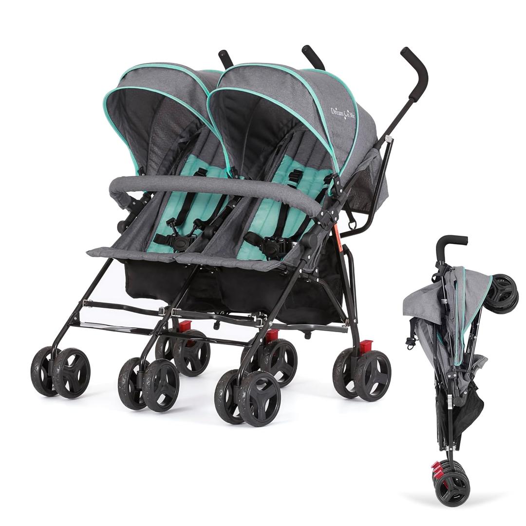 Dream On Me Volgo Twin Baby Stroller, Lightweight Side-by-Side Double Umbrella Stroller with Adjustable Canopy, 5-Point Harness, Storage Basket & Travel-Friendly Fold Mint