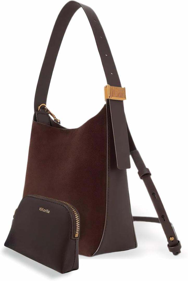 Small Leather Tote Handbag for Women, Hobo Suede Purses Accordion Clasp Shoulder Bags Straps Crossbody Bag, Brown