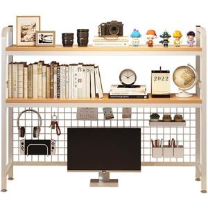 Desktop Hutch Bookshelf, 2-Tier Metal Desk Shelf with Grid Panel, Wooden Desktop Display Rack for Computer Monitor, Countertop Storage Organizer for Office Home Dorm (White), 95 x 20 x 93 cm