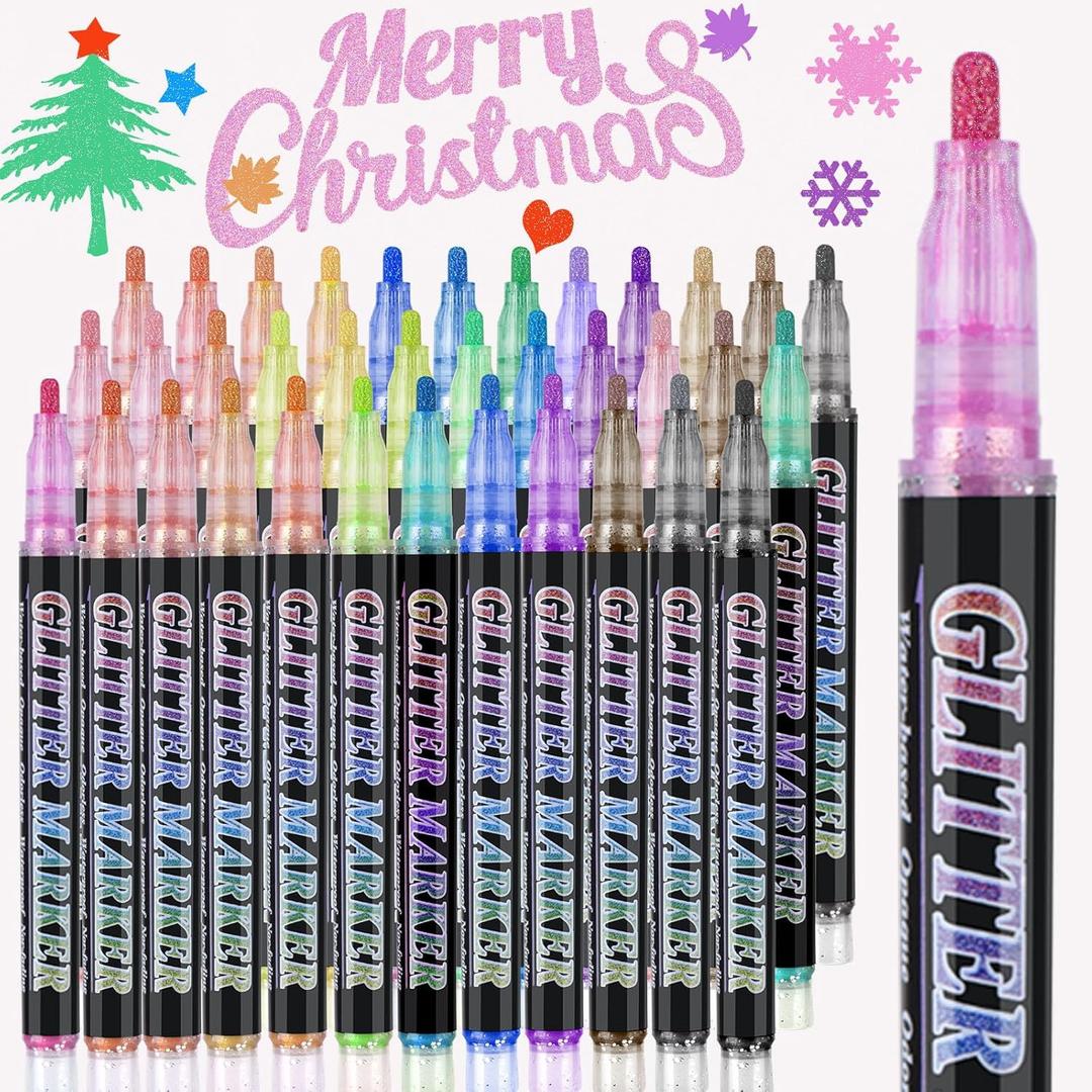 OLINGYOU Glitter Marker Pens,36 Colors Self-Shimmer Metallic Markers,Glitter Paint Pens DIY Crafts Greeting Birthday Cards, Making Poster,Album,Scrapbooking,WoodMugs