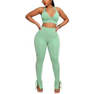 Women's 2 Piece Sexy Outfits Backless Halter Crop Top and Bodycon Pants Set (Green, XL)