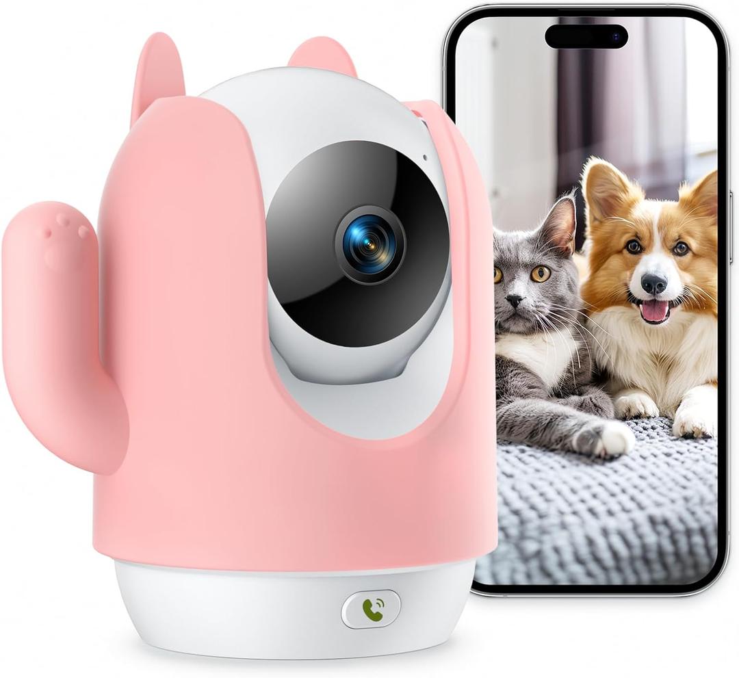 Pet Camera, 2K Indoor Security Camera, 360 Dog Cameras with Phone App, Video Monitor One-Touch Call, AI Motion Detection & Tracking, IR Night Vision, Cloud/SD Card Storage, 2.4GHz Wi-Fi, Pink