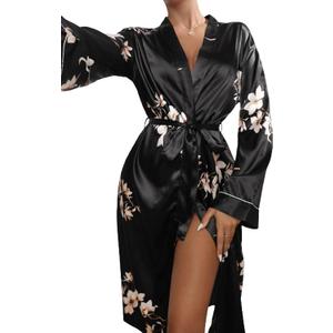 WDIRARA Women's Floral Print Long Sleeve Satin Long Robe Bridesmaid Wedding Party Robe (Medium, Black)