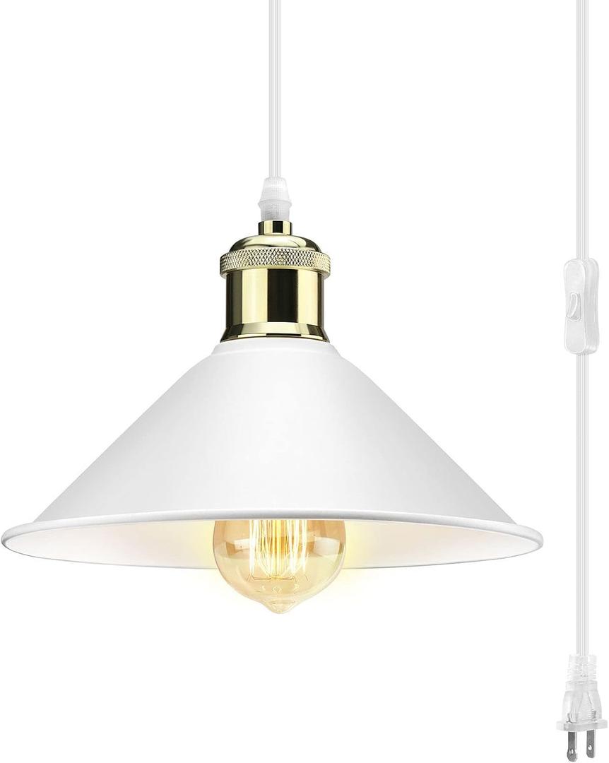 Plug in Pendant Light, Industrial Hanging Light with Plug in Cord On/Off Switch, Modern Pendant Light with Plug in Cord, Farmhouse Pendant Light Fixture, White