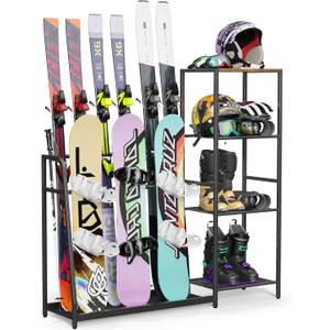 Lurgno Freestanding Snowboard Rack - 4 Pair Ski, 3 Pack Snowboard, Boot, Pole, Goggles, Helmet Rack for Garage, Shed, Basement