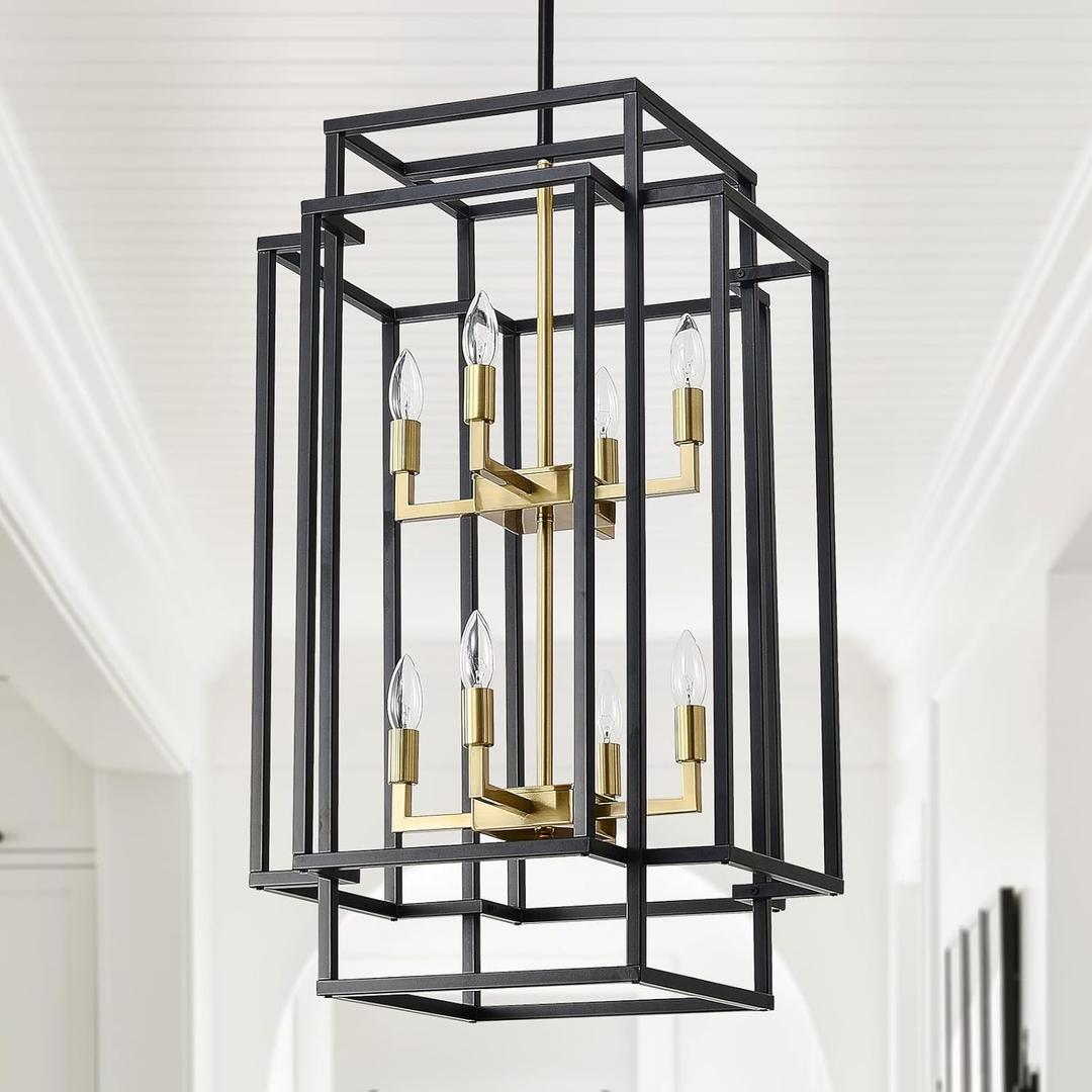HHR 32" H Black and Gold Foyer Chandeliers for High Ceilings, Lantern Tiered Pendant Light Fixtures 8-Light, Hanging Light Fixtures for Dining Room, Kitchen Island Living Room Entryway