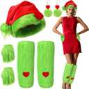Berlune 7 Pcs Green Christmas Monster Santa Costume Accessories for Women Include Green Furry Leg Warmers Gloves Hat Earrings