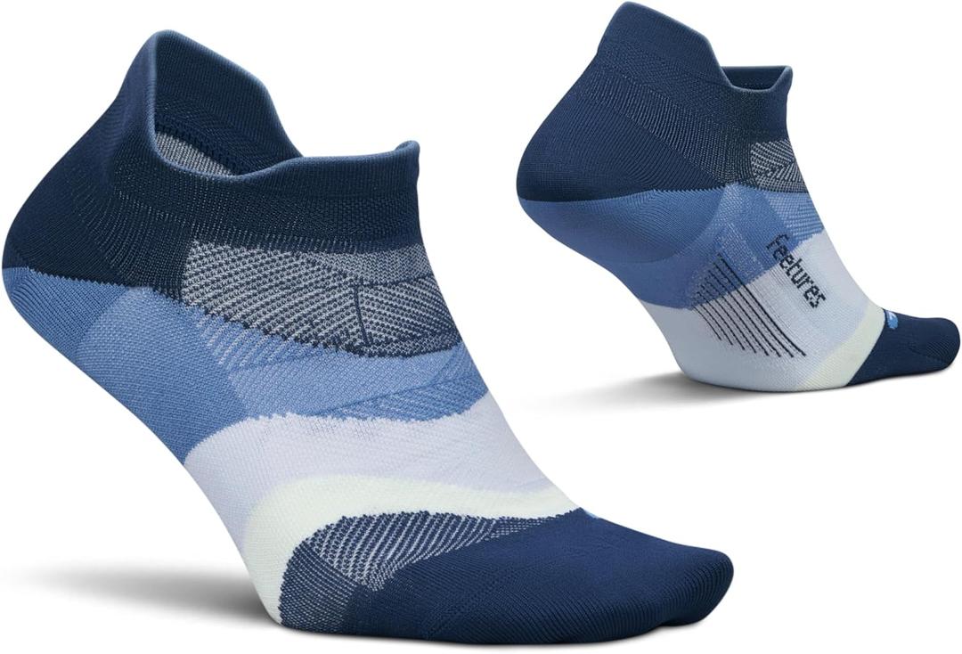 Feetures Elite Ultra Light No Show Tab Ankle Socks - Sport Sock with Targeted Compression (Large, Blue Wave (1 Pair))