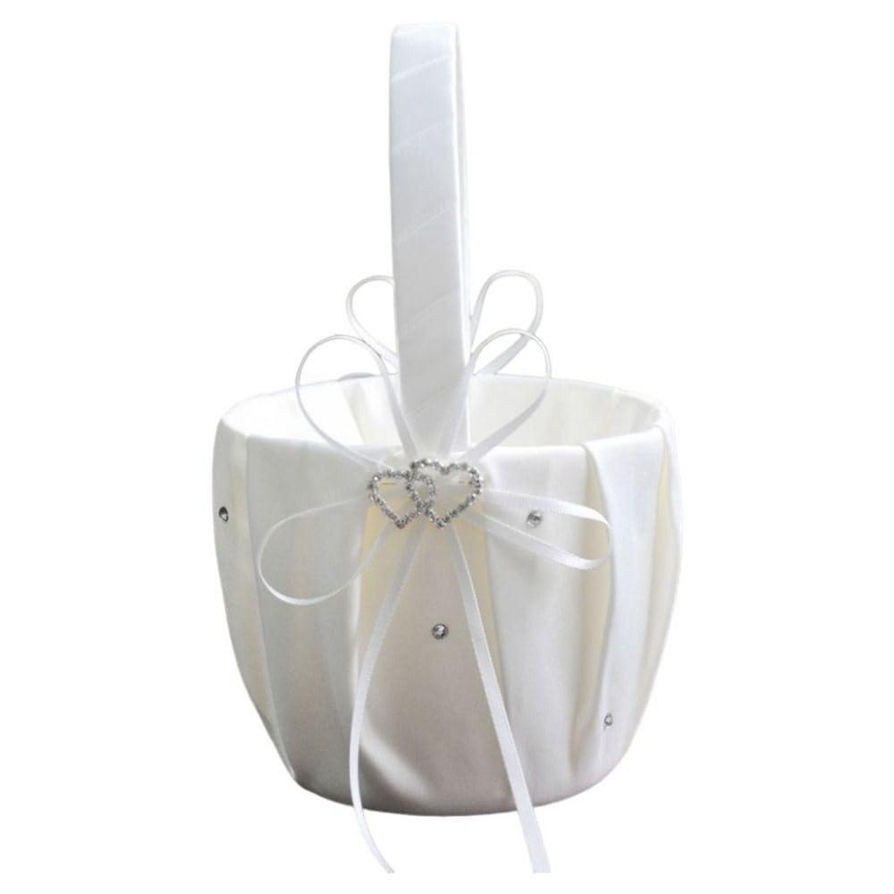 White Flower Girl Basket for Wedding, Cute Cherish Wedding Flower Baskets with White Basket Handle, Romantic Flower Baskets Cute Satin Bowknot with Double Heart Rhinestone