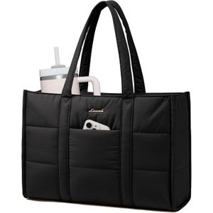 LOVEVOOK Laptop Bag for Women, Puffer Tote Bag for Work 17 Inch Large Computer Briefcase for Teacher Nurse, Quilted Lightweight Casual Shoulder Bag For Travel, Daily (Jet Black)