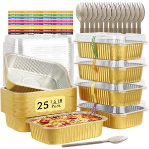 LNYZQUS 1.5lb Small Foil Pans with Lids 25 Pack, 7 x 5 Individual Baking Tins Leftover Containers,24oz Aluminum To Go Baked Food Containers Large Loaf Cake Pans Take Out Holders-Gold