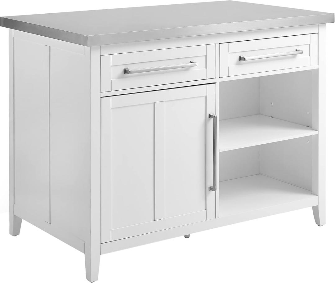 Crosley Furniture Silvia Stainless Steel Top Kitchen Island, Microwave Stand, Coffee Bar, with Shelves, White