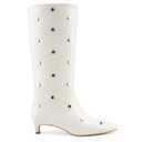 QIV White Studded Knee High Boots Women Pointed Toe Kitten Heel Mid Wide Calf Boots with Zipper Size 8.5