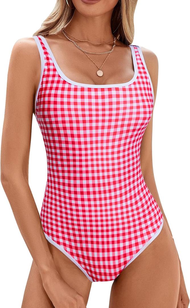 BMJL Women's One Piece Swimsuit Sports Adjustable Strap Bathing Suit Color Block Ribbed High Cut Swimsuits (X-Large, Red Plaid029)