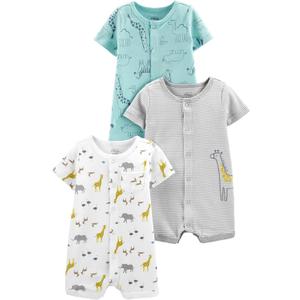 Simple Joys by Carter's Baby 3-Pack Snap-up Rompers (Aqua Blue Forest Animals/Grey Mini Stripe/White), Size: 12 Months