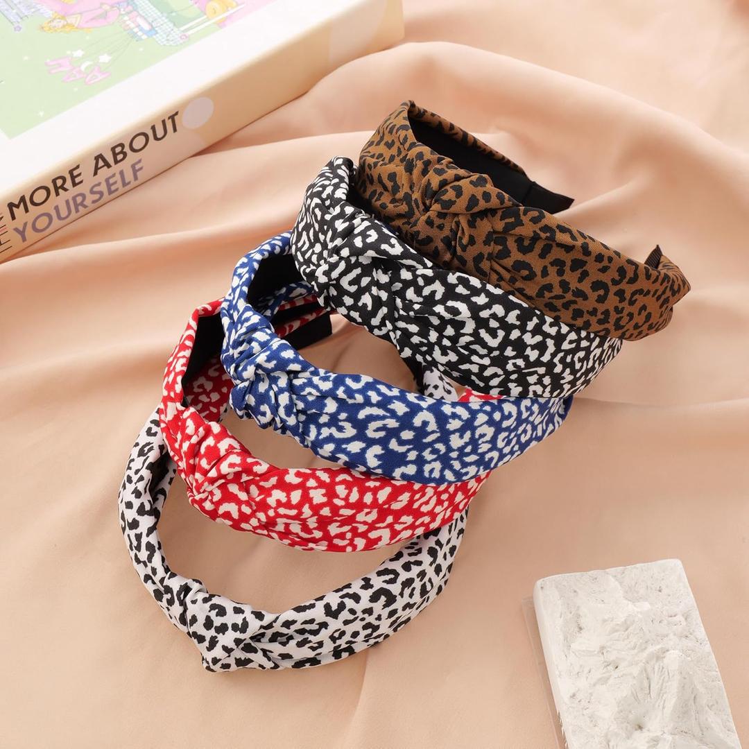 2 x LOVNFC Knotted Headbands for Women - 5PCS No Slip Fashion Hair Bands, Soft Elastic Leopard Print Head Accessories for Girls, Women (Mixed Colors C)