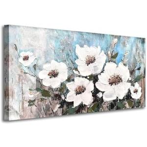 Magnolia Canvas Wall Art for Living Room White and Blue Flower Pictures Textured Floral Painting Bedroom Wall Decor 40x20 Inches