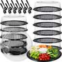 Tessco 12 Pack 16 Inch Heavy Duty Serving Tray with Clear Lid and Sporks, Large Plastic Tray Elegant Platter Round Black Disposable for Fruit Sandwich Party Takeout Food Catering Picnic