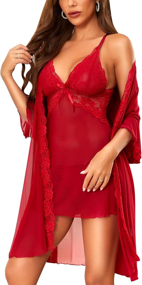 Women Sexy Lingerie Set 3 Piece Babydoll & Lace Kimono Robe Strap Chemise Nightgown Mesh Sleepwear (XX-Large, Wine Red)